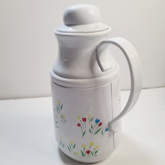 Vintage 80s Phoenix Insulated Thermal Carafate White Floral Tulip with Lid - Picture 6 of 13